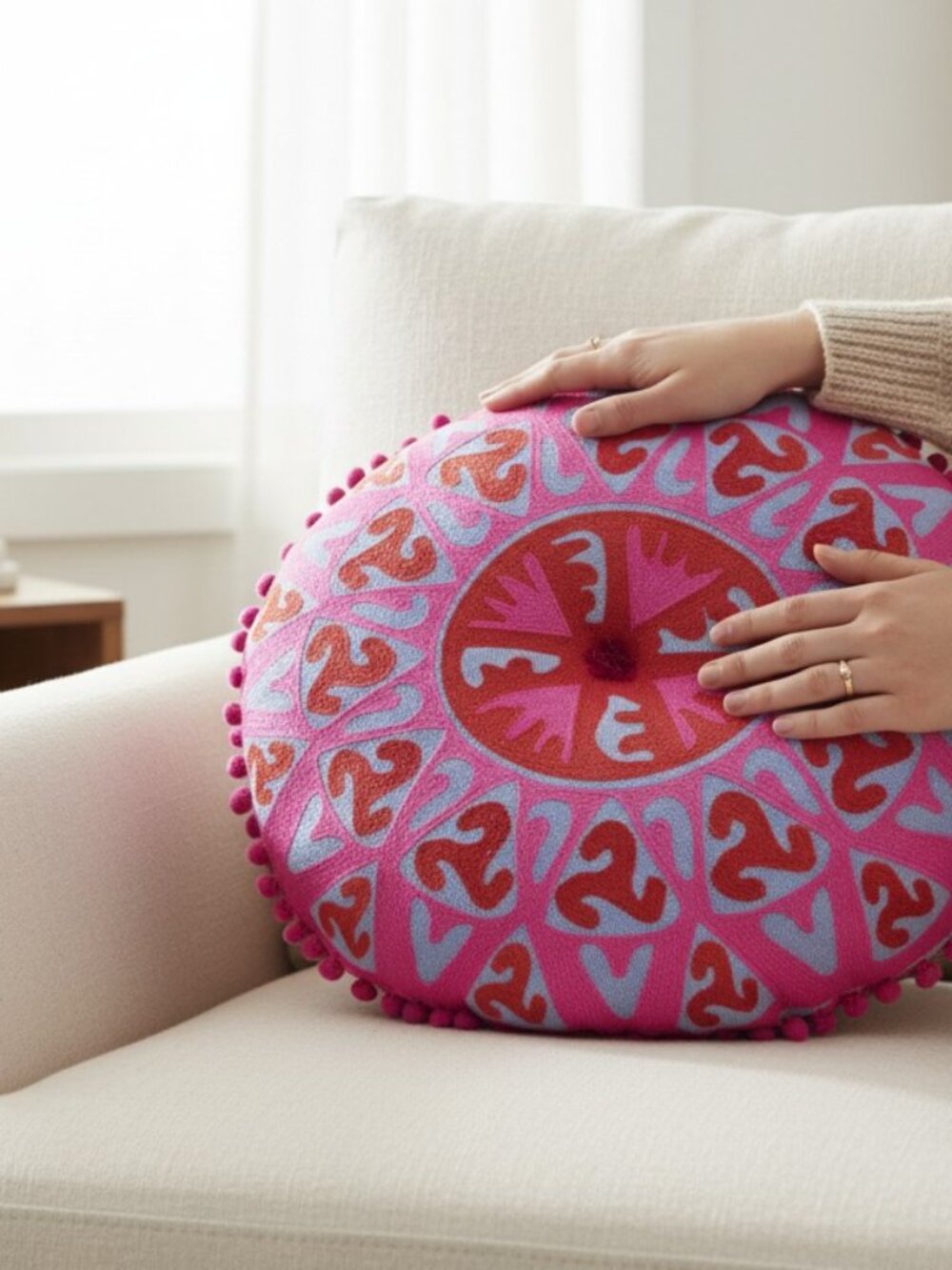 Boho Pink Embroidered Round Floor Pillow Pom Pom Cushion